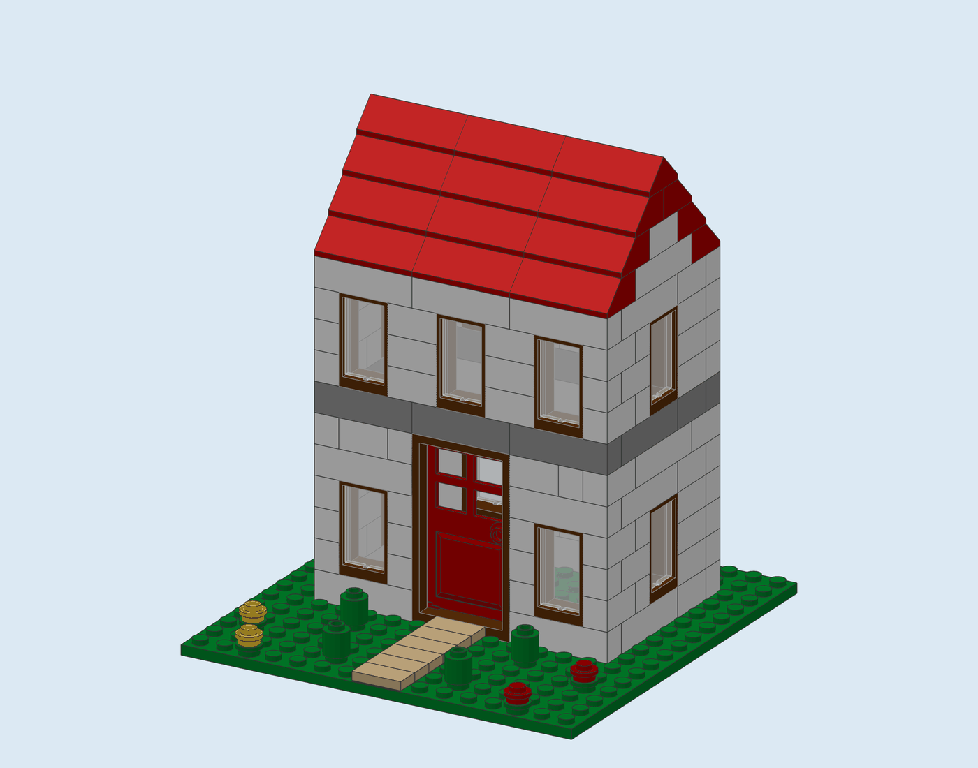 White two-storey house with a red gable roof, brown window frames and a red door