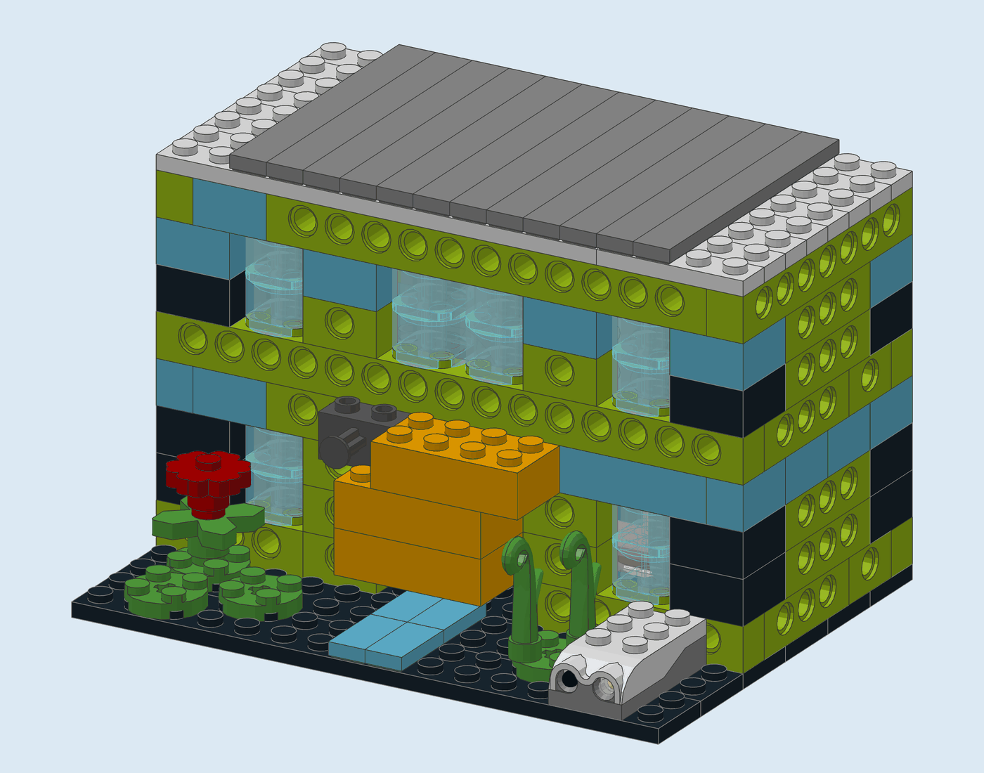 Finished house with the orange door closed