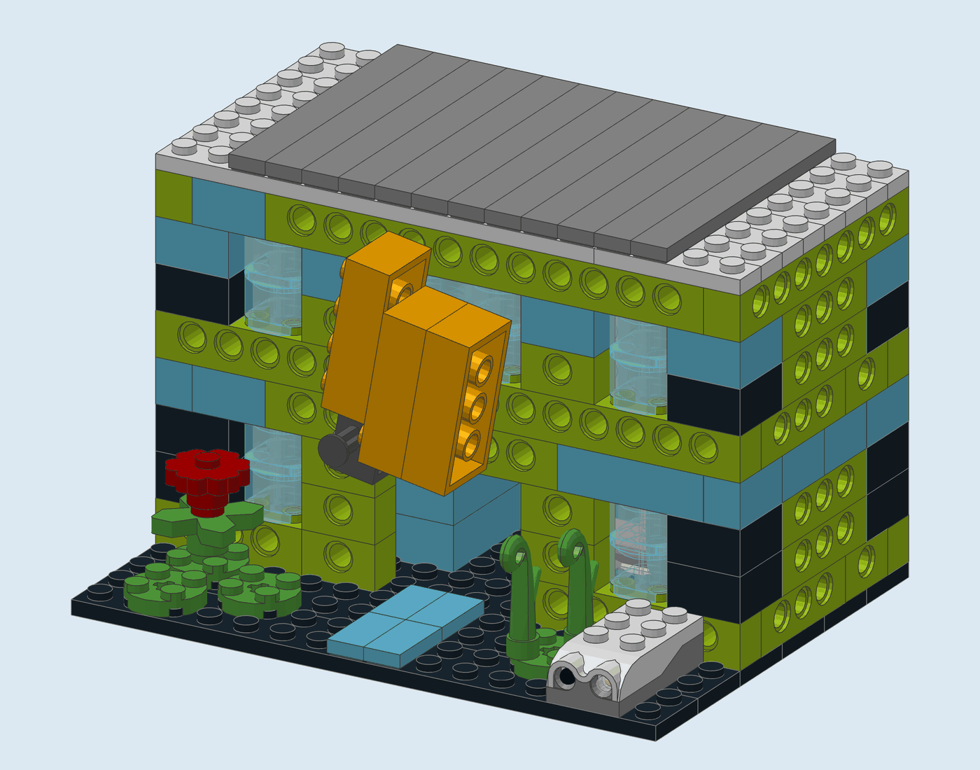 Lime and azure two-storey house with its orange door swung up