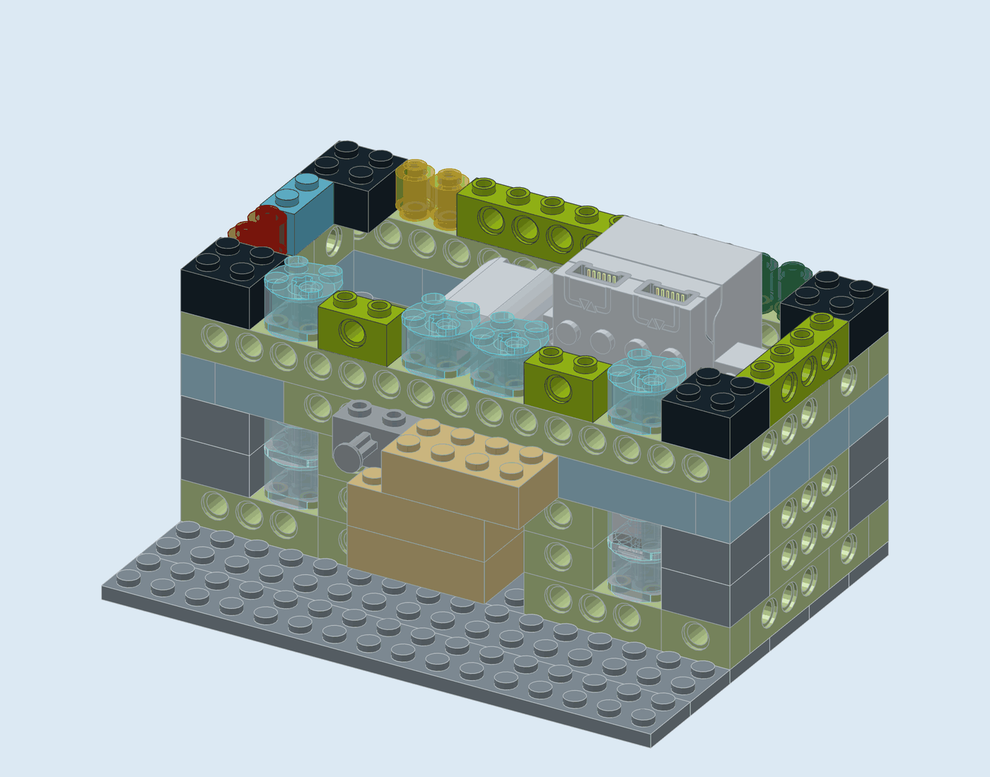 Step 9: Upper floor, course 6 of 8. New pieces in full colour, earlier pieces faded.