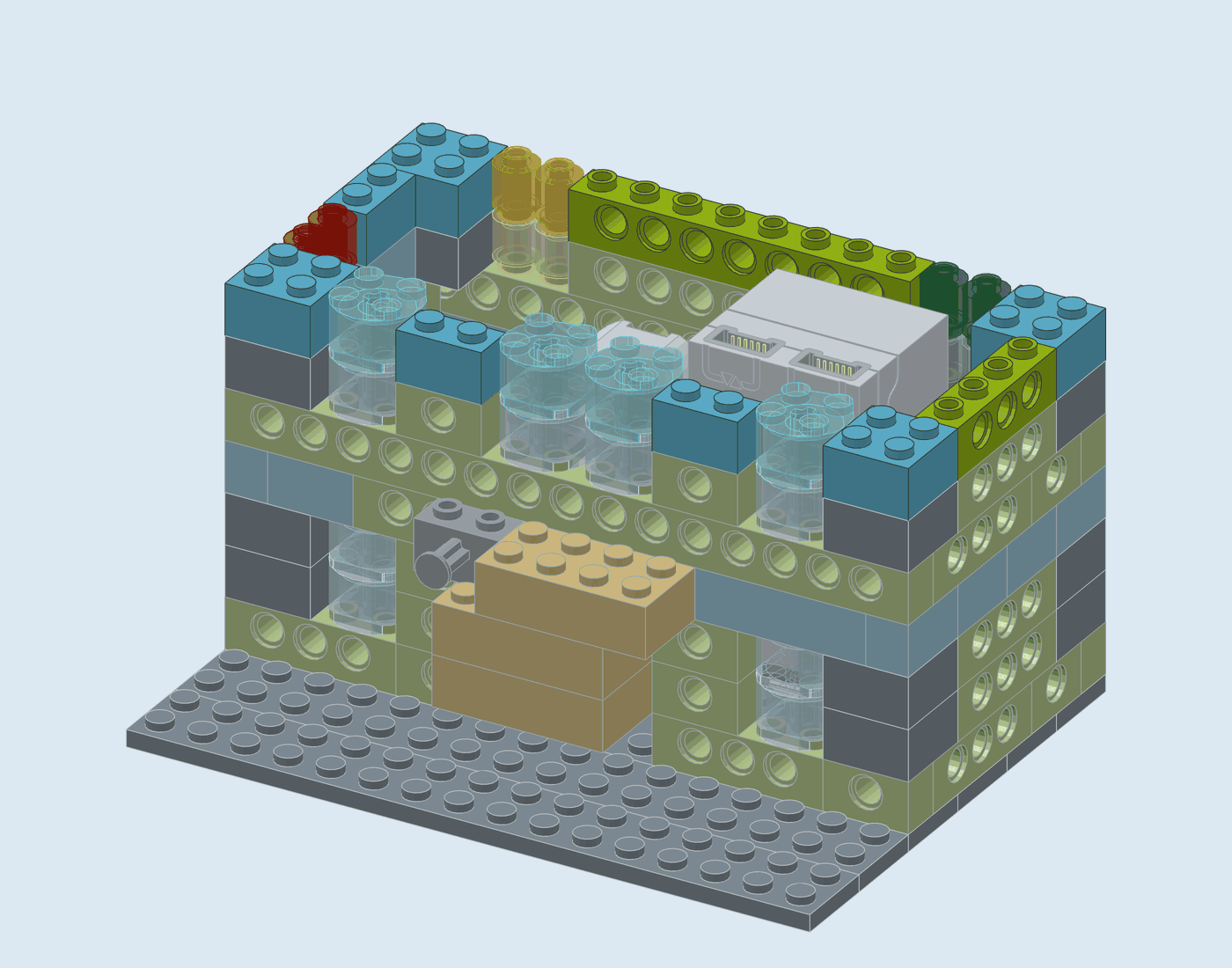 Step 10: Upper floor, course 7 of 8. New pieces in full colour, earlier pieces faded.