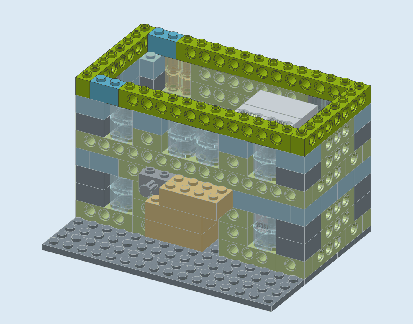 Step 11: Upper floor, course 8 of 8. New pieces in full colour, earlier pieces faded.
