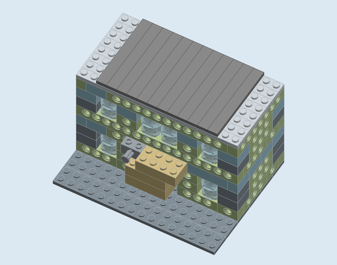 Step 13: Roof tiles. New pieces in full colour, earlier pieces faded.