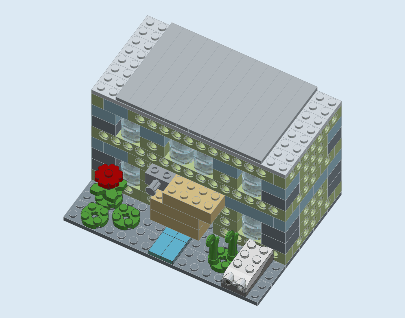 Step 14: Garden and sensor. New pieces in full colour, earlier pieces faded.