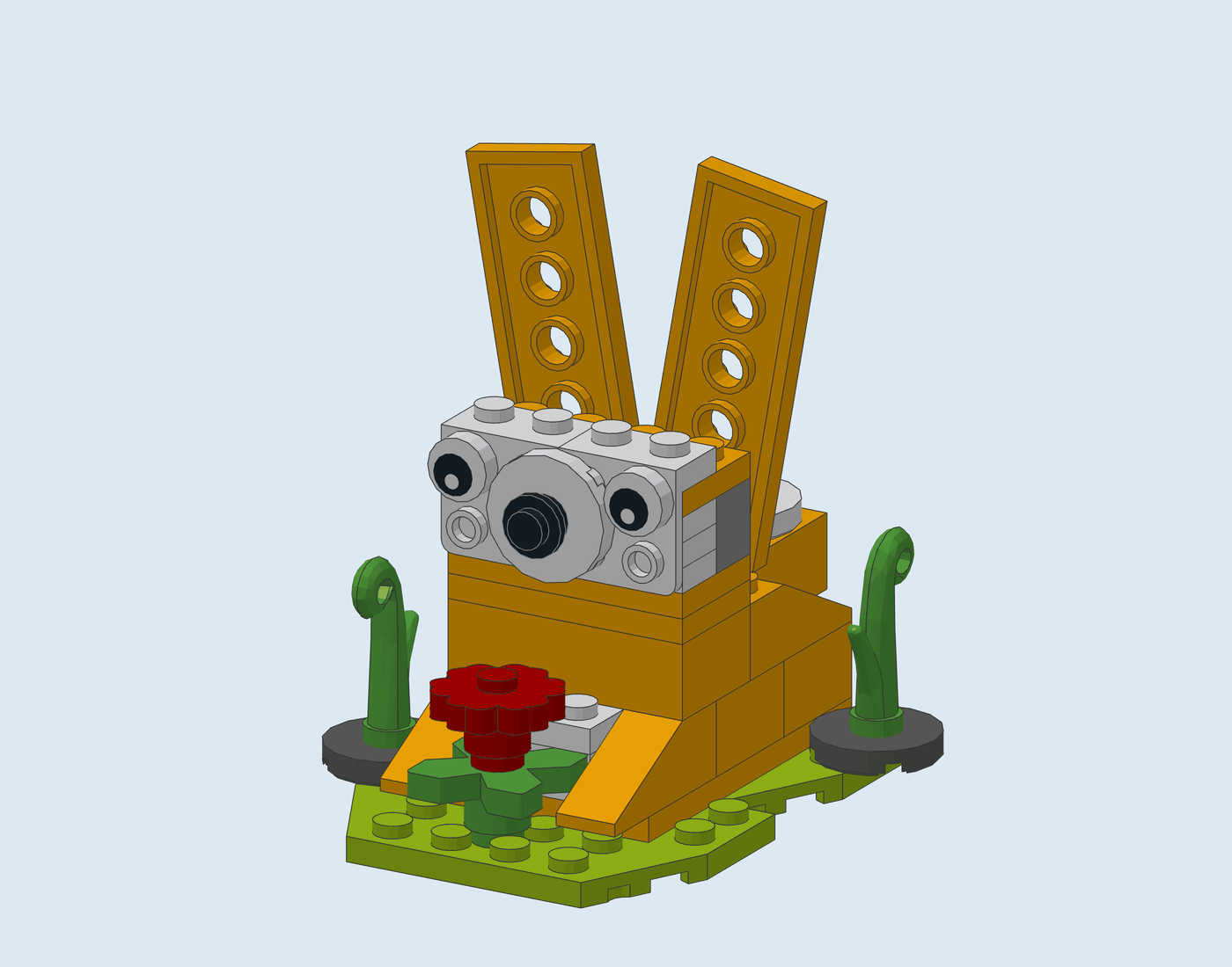 Orange rabbit with tall ears sniffing a red flower